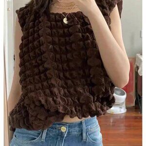 IMMI Textured Bubble Top Brown Asymmetrical Hem Sleeveless Artsy Women Size 0